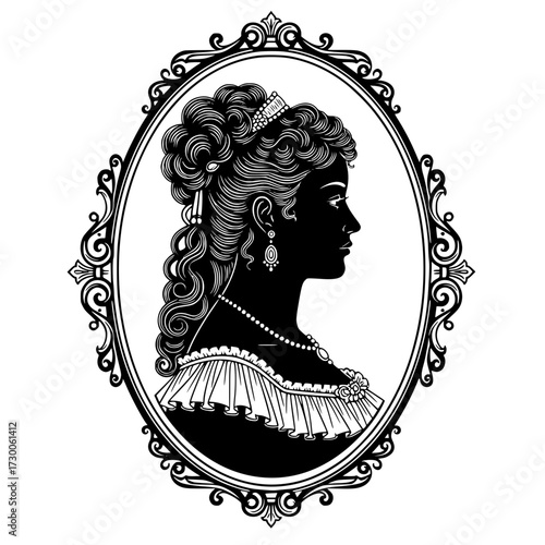 Vector art of elegant silhouette of a woman in a vintage frame, showcasing intricate details of her hairstyle, jewelry, and dress, reminiscent of a bygone era