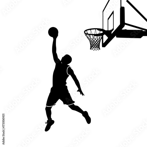 Vector art of a dynamic basketball player, captured in midair as he executes a slam dunk, showcasing athleticism and skill in a thrilling moment