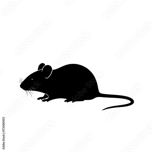 Vector art of silhouette of a black mouse, showcasing its sleek body, small ears, and long tail, creating a simple yet striking representation of the rodent