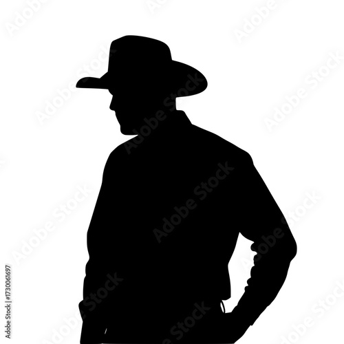 Vector art of a mysterious cowboy, , stands in silhouette, his hat casting a shadow over his face, embodying the spirit of the wild west and adventure