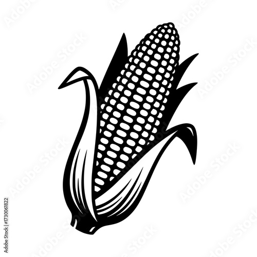 Vector art of an illustration of a corn cob, showcasing its kernels and husk, rendered in a simple black and white style, perfect for educational or decorative purposes