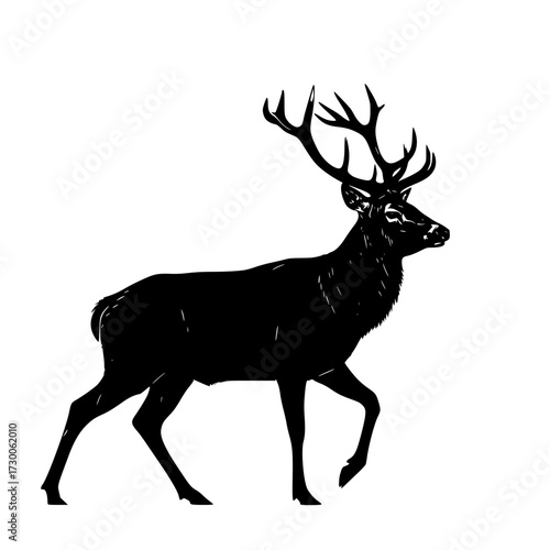 Vector art of silhouette of a majestic stag a striking depiction of a deer with impressive antlers, rendered in stark black against a clean white backdrop, evoking nature