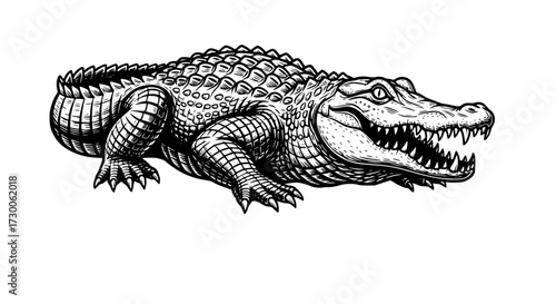 Vector art of detailed illustration of an alligator with its powerful jaws slightly open, showcasing its scales and teeth, , a symbol of strength