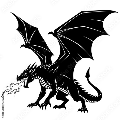 Vector art of a majestic black dragon with fiery breath, wings spread wide, stands poised for flight, its silhouette sharply defined against the stark