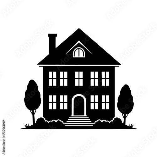 Vector art of a classic twostory house with a chimney and manicured lawn, surrounded by trees, exudes warmth and comfort, its silhouette sharply defined