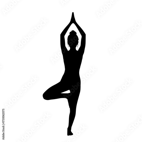 Vector art of a graceful yoga practitioner in tree pose, arms raised in prayer, showcases balance and serenity, its silhouette sharply defined against the stark