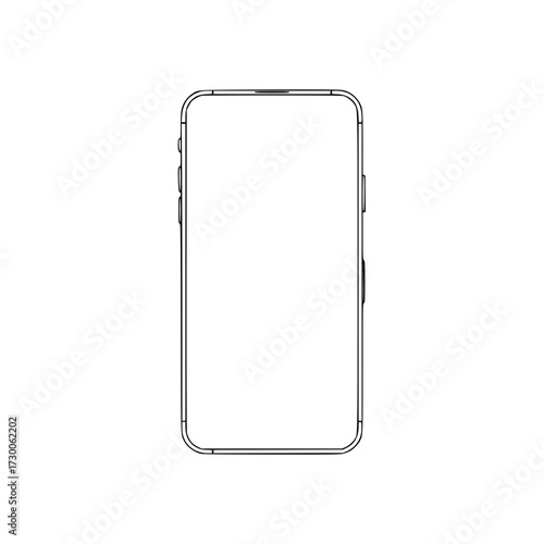 Vector art of a minimalist outline of a modern smartphone, , showcasing its sleek design, thin bezels, and smooth curves, perfect for illustrating technology or mobile devices
