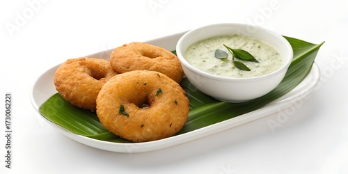 Crispy medu vada with coconut chutney on side, isolated