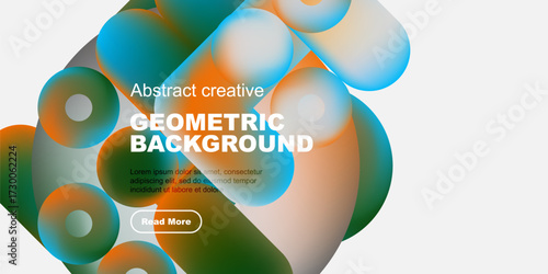 Abstract geometric background features vibrant overlapping shapes, text, button. Modern design, colorful gradients create dynamic visual impact.