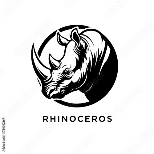Vector art of a striking rhinoceros head illustration, , showcasing its powerful horn and distinctive features in a bold and modern design with the word rhinoceros