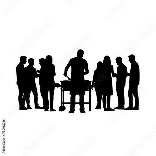 Vector art of a group of people gathered around a barbecue grill, , enjoying a social gathering and outdoor cooking in a silhouette style illustration