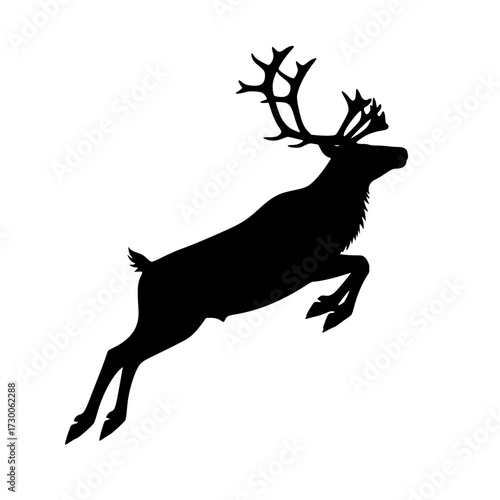 Vector art of a black silhouette of a reindeer leaping gracefully against an, showcasing its majestic antlers and powerful form in a dynamic pose, capturing its essence