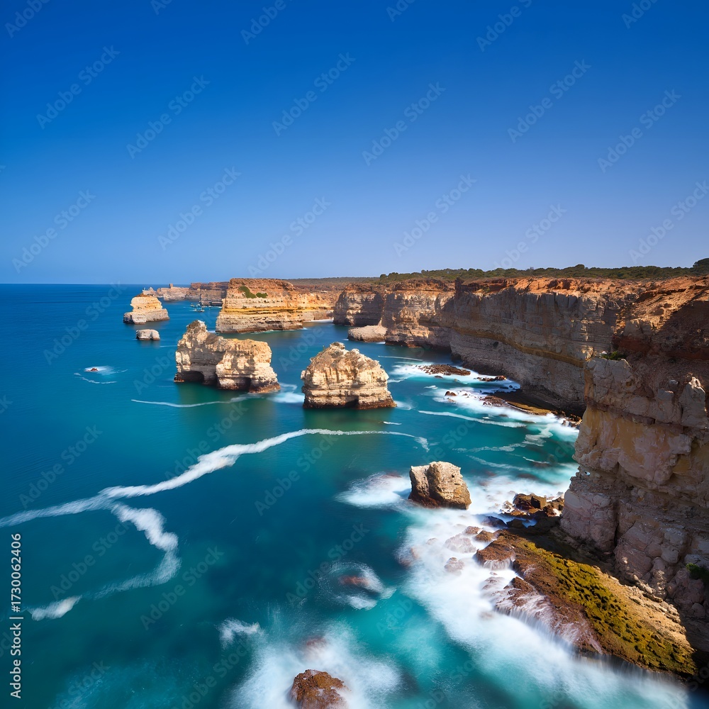 Obraz premium Australian coastline with cliffs and rock formations on a sunny day with blue sky and ocean waves