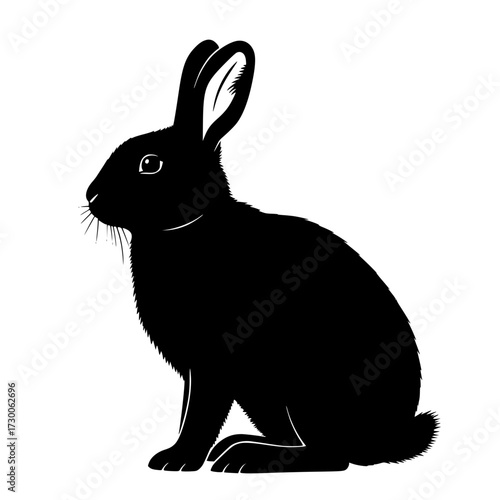 Vector art of silhouette of a rabbit, capturing the essence of the animals form and posture, highlighting its long ears, compact body, and alert stance in a simple design