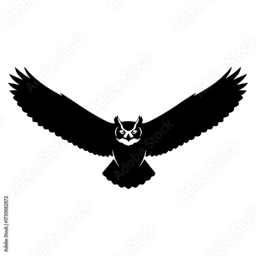 Vector art of a captivating silhouette of an owl in midflight, its wings spread wide against an, creating a striking contrast and emphasizing its majestic presence