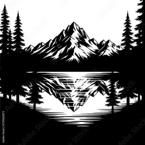 Vector art of a serene mountain landscape reflected in a tranquil lake, surrounded by towering pine trees, creating a peaceful and picturesque scene