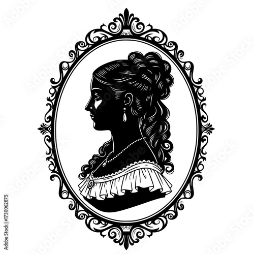 Vector art of an elegant silhouette of a woman in a vintage frame, showcasing her refined profile and intricate hairstyle, evoking a sense of timeless beauty
