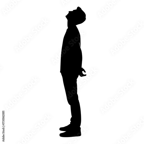 Vector art of a solitary figure stands in silhouette, gazing upwards towards an unknown point in the sky, evoking a sense of contemplation and wonder
