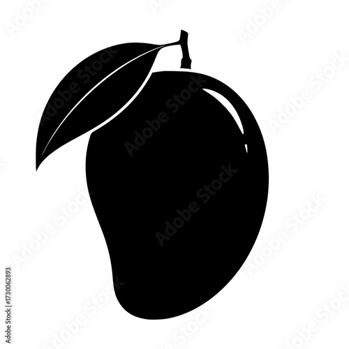 Vector art of a striking silhouette of a mango, complete with a leaf, , showcasing its tropical allure and natural sweetness in a minimalist style