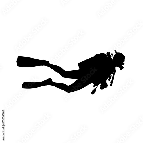 Vector art of silhouette of a scuba diver, exploring the underwater world, showcasing adventure, marine life, and the beauty of ocean exploration