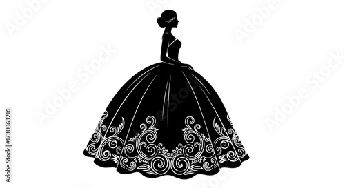 Vector art of an elegant silhouette of a woman in a ball gown, , showcasing intricate details and graceful lines, perfect for fashion or design projects