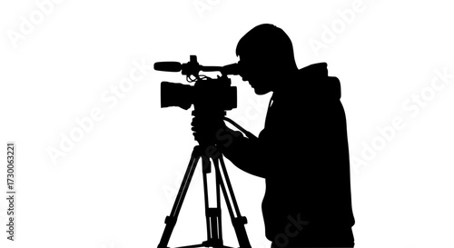 Vector art of silhouette of a cameraman with professional video camera on tripod, capturing moments and crafting visual narratives with precision and expertise