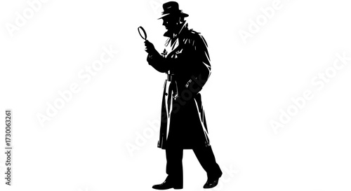 Vector art of a silhouette of a detective in a trench coat and hat, holding a magnifying glass, , embodying mystery, investigation, and classic noir style