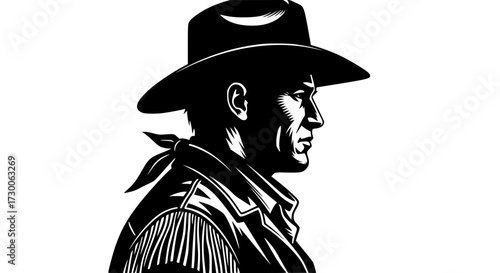 Vector art of a stoic cowboy, embodying the rugged spirit of the wild west, with a weathered face and determined gaze, ready to face any challenge