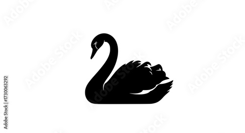 Vector art of a sleek black swan gracefully glides across a pristine white canvas, its elegant form a study in contrast, the swans neck curves in a gentle arc