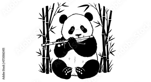 Vector art of a charming panda playing a flute amidst bamboo stalks, showcasing its playful nature and connection to its natural habitat