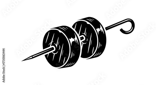 Vector art of two grilled halloumi cheese pieces are skewered on a metal stick, the cheese has grill marks and the stick has a sharp point and a curved end