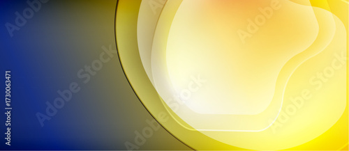 Abstract background features layered shapes, gradients. Blue transitions to yellow, creating smooth visual flow. Modern design element.