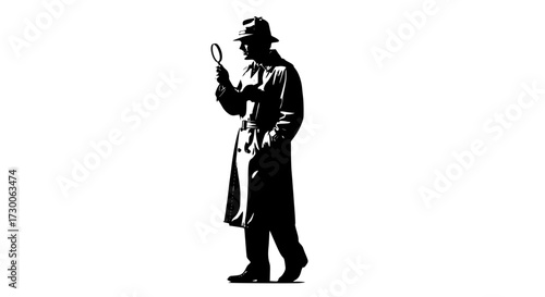 Vector art of a detective in a trench coat, fedora, and magnifying glass, , embodies mystery and investigation, symbolizing the pursuit of truth and solving crimes