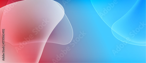 Abstract background features flowing shapes, red and blue hues, soft gradients, translucent layers. Minimalist design creates calming visual effect.