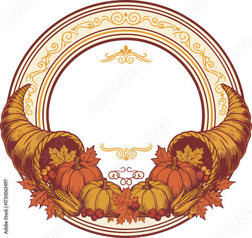 Thanksgiving Cornucopia Frame with Pumpkins and Autumn Leaves