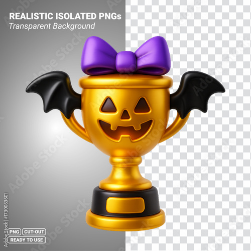 Halloween trophy jack o lantern cup with bat wings and purple bow Transparent PNG file ready to be used.