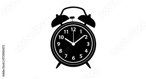 Vector art of a black and white illustration showcases a classic alarm clock, , with its hands indicating the time, embodying concepts of punctuality and reminders