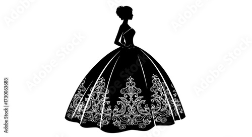 Vector art of an elegant silhouette of a woman in a ball gown, , captures the essence of grace, beauty, and timeless fashion in a black and white illustration