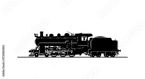 Vector art of detailed silhouette of a vintage steam train, showcasing its intricate mechanical details and classic design, evoking a sense of nostalgia and history