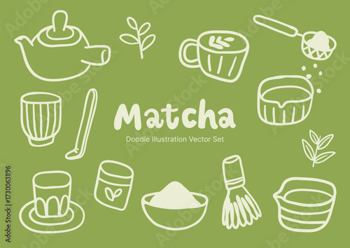 vector set of doodle illustration matcha line art, hand drawn, freestyle, minimal