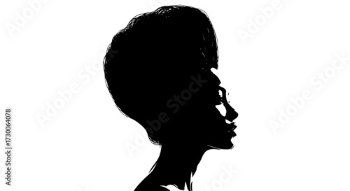 Vector art of striking silhouette of a womans profile, showcasing a bold afro hairstyle and elegant features, capturing beauty and confidence