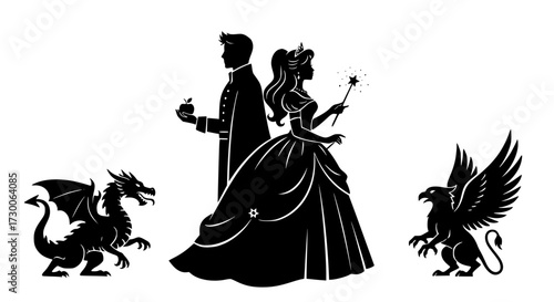 Vector art of enchanting silhouette of a fairytale scene, featuring a prince, princess, dragon, and griffin, capturing the magic of classic stories