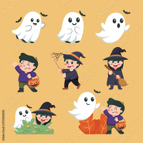 Adorable kids dressed up for Halloween trick or treating with friendly ghosts and happy faces on a golden background