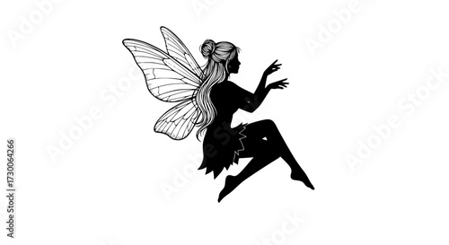 Vector art of a fairy, captured in black and white, embodies fantasy and magic, with delicate wings and a graceful pose, evoking a sense of wonder and enchantment