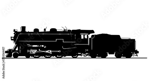 Vector art of silhouette of a steam train, evoking a sense of historical transportation and industrial power, representing the golden age of rail travel and engineering