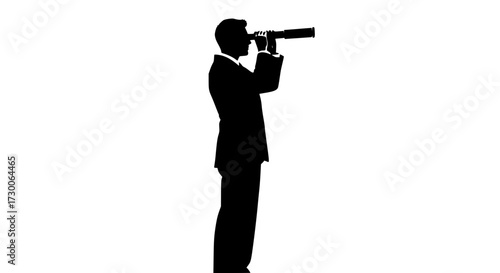 Vector art of a black silhouette of a man with a telescope, , represents vision, exploration, and the pursuit of distant goals, symbolizing ambition