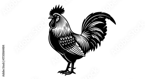 Vector art of a black and white rooster, showcasing its proud stance and detailed plumage, ideal for farmthemed designs or representing courage
