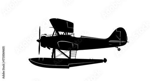 Vector art of silhouette of a vintage seaplane, showcasing its classic design, pontoon floats, and biplane configuration against a clean backdrop, evoking nostalgia