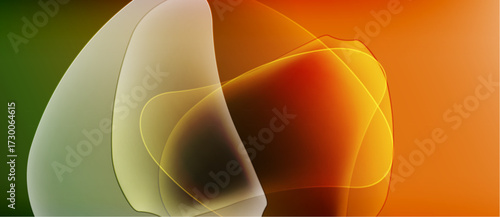 Abstract shapes overlap, creating warm color gradients. Orange, yellow, green hues blend smoothly. Soft lighting, blurred edges present.