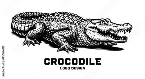 Vector art of a detailed black and white drawing of a crocodile, showcasing its textured skin, sharp teeth, and powerful build, capturing the essence of this formidable reptile